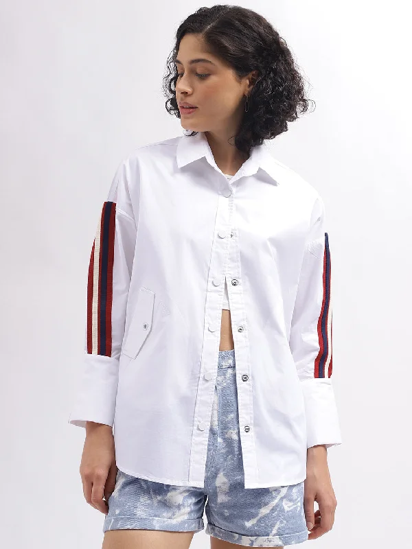 Iconic Women White Solid Spread Collar Full Sleeves Shirt