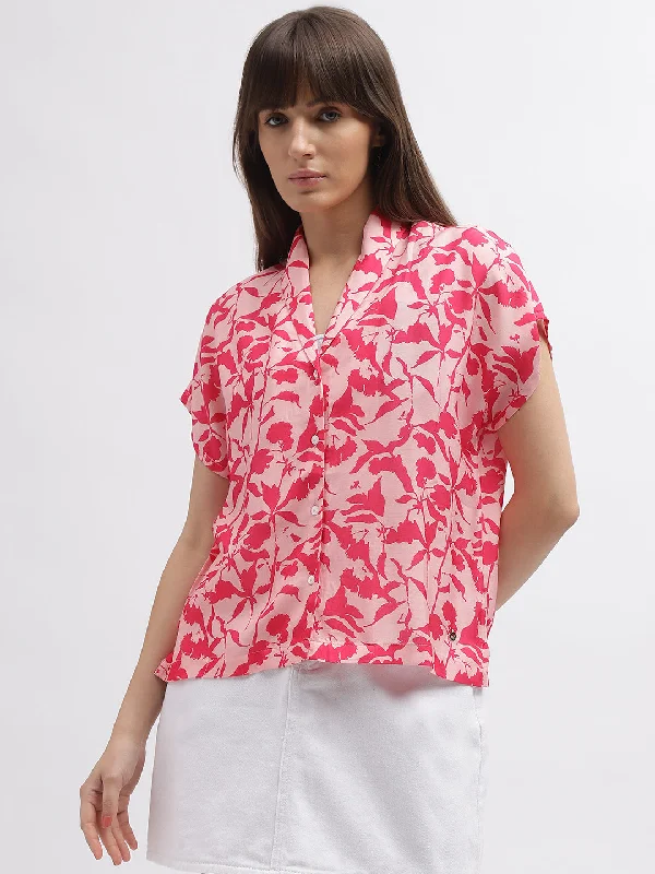 Iconic Women Pink Printed Shawl Neck Short Sleeves Shirt