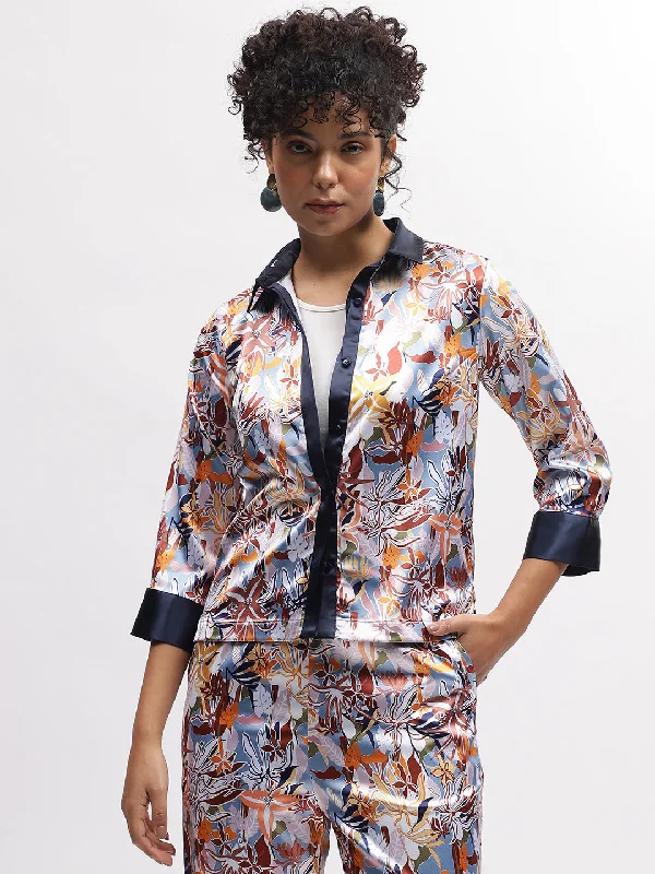 Iconic Women Multi Printed Spread Collar 3/4Th Sleeves Shirt