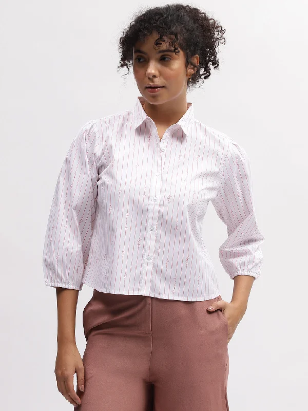 Iconic Women White Striped Spread Collar 3/4Th Sleeves Shirt