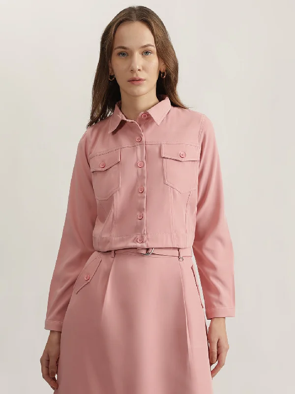 Iconic Women Pink Solid Spread Collar Full Sleeves Shirt