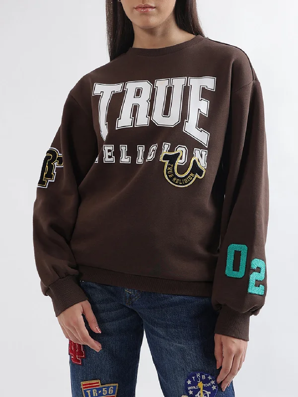 True Religion Women Brown Printed Round Neck Sweatshirt