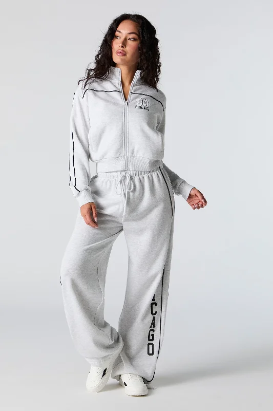 Graphic Fleece Wide Leg Self Tie Sweatpant