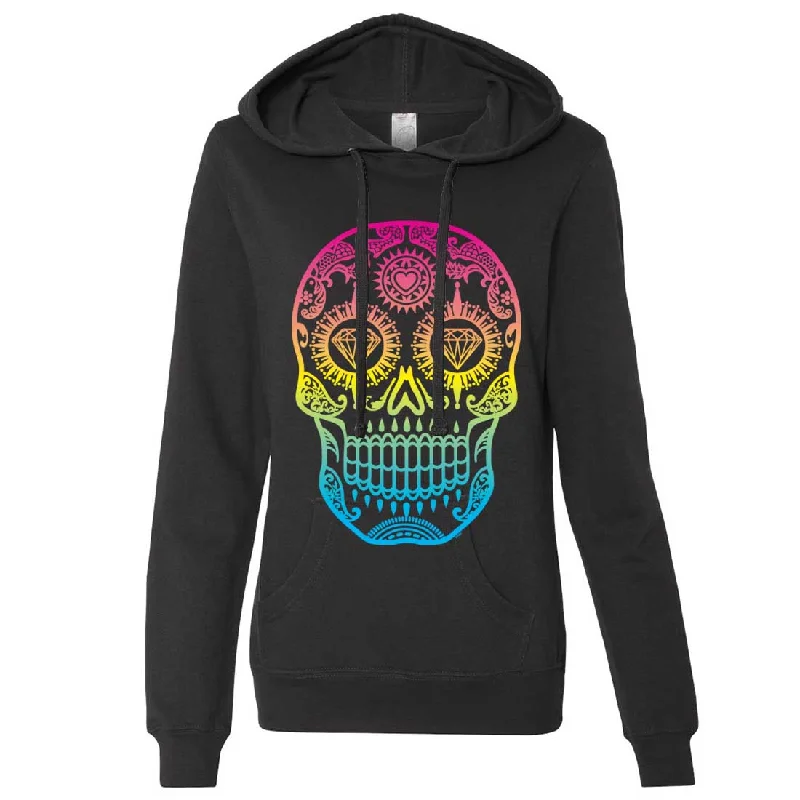 Neon Diamond Eyes Smiling Sugar Skull Ladies Lt./Wt. Hoodie