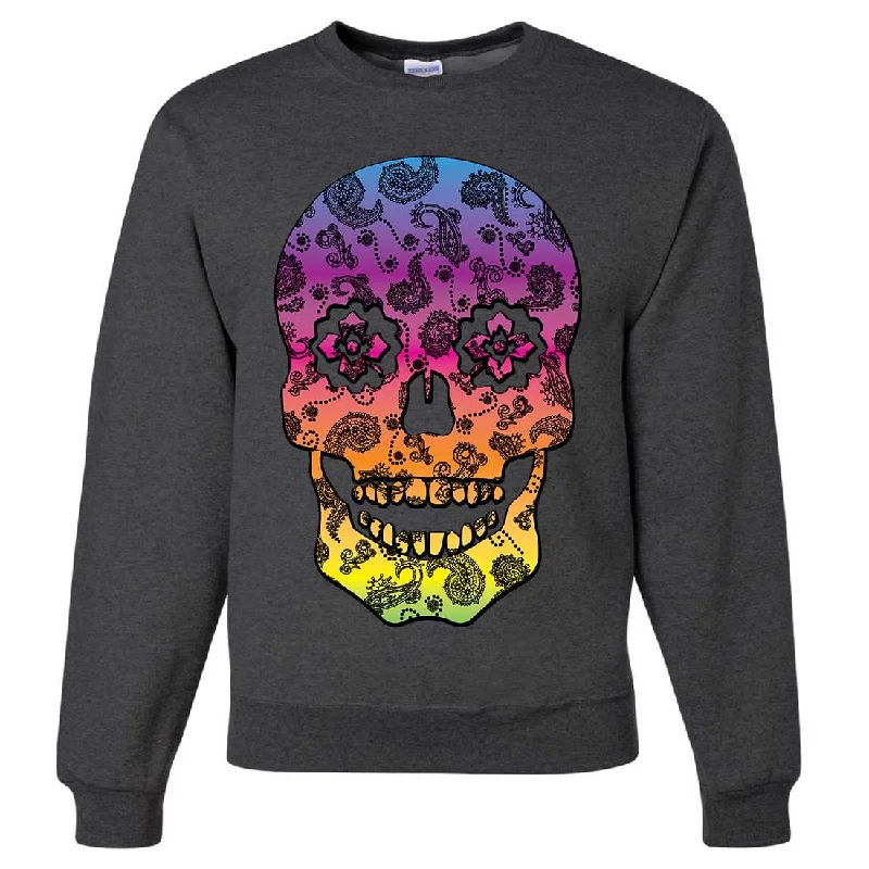 Neon Paisley Print Sugar Skull Crewneck Sweatshirt