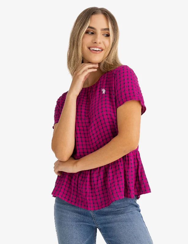 SHORT SLEEVE PEPLUM GRID TOP