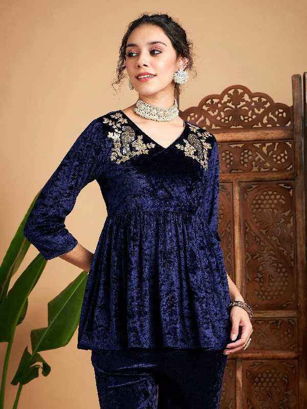 Women Navy Blue Velvet Embroidered Peplum Top