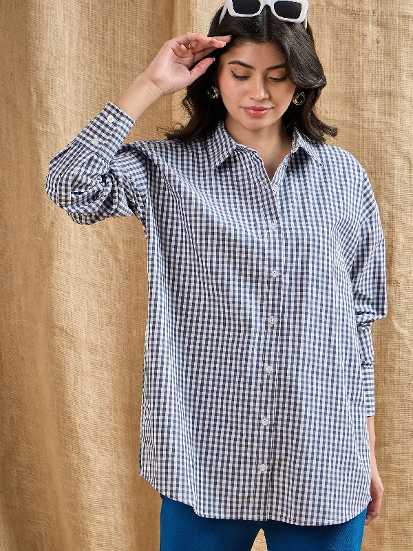 Women Navy & White Yarn Dyed Check Oversized Shirt