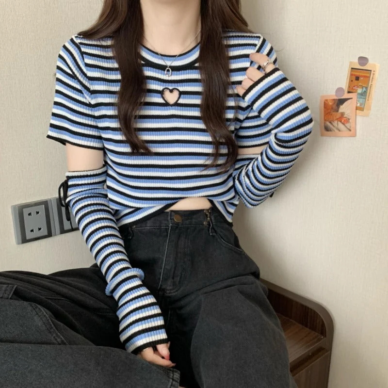 Women's Cute Cutout Striped Shirt with Oversleeves