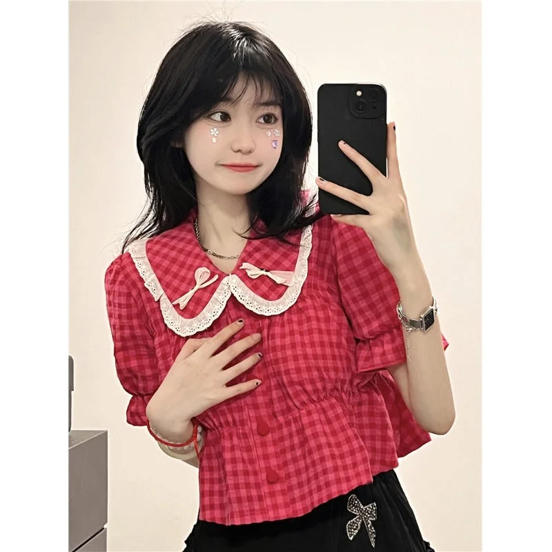 Women's Cute Doll Collar Plaid Falbala T-shirt