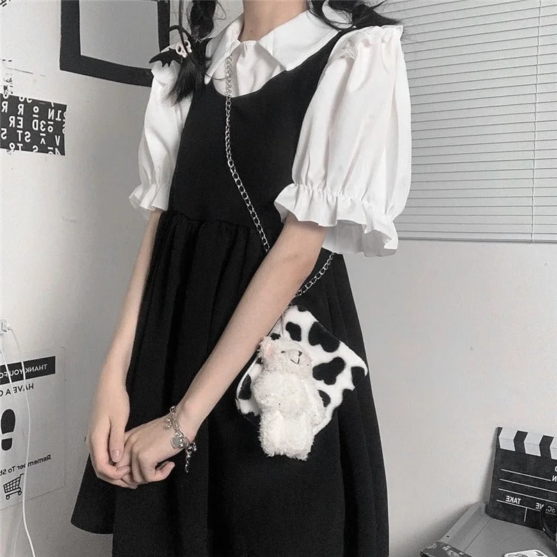 Women's Cute Plicated Suspender Skirt with Doll Collar Shirt