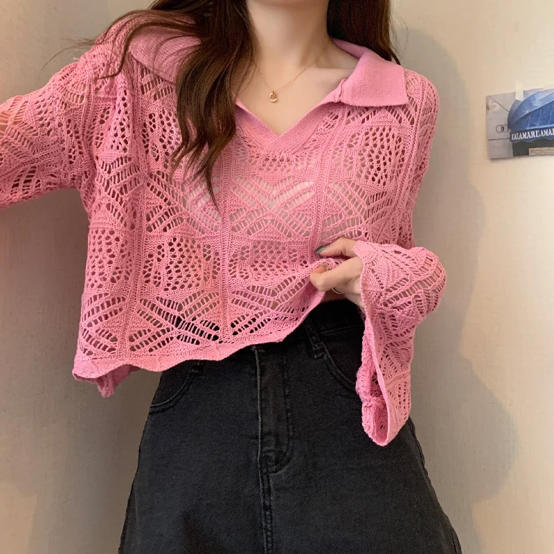 Women's Cute Turn-down Collar Cutout Knitted Shirt