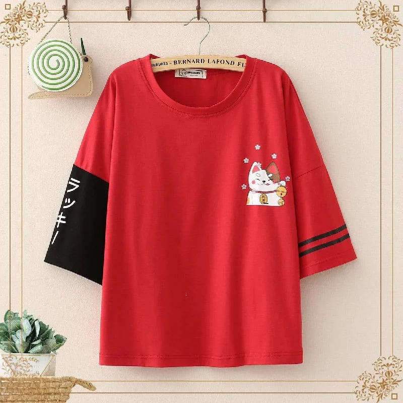 Women's Harajuku Cat Printed Contrast Three-quarter Sleeved Color Sleeved Tees