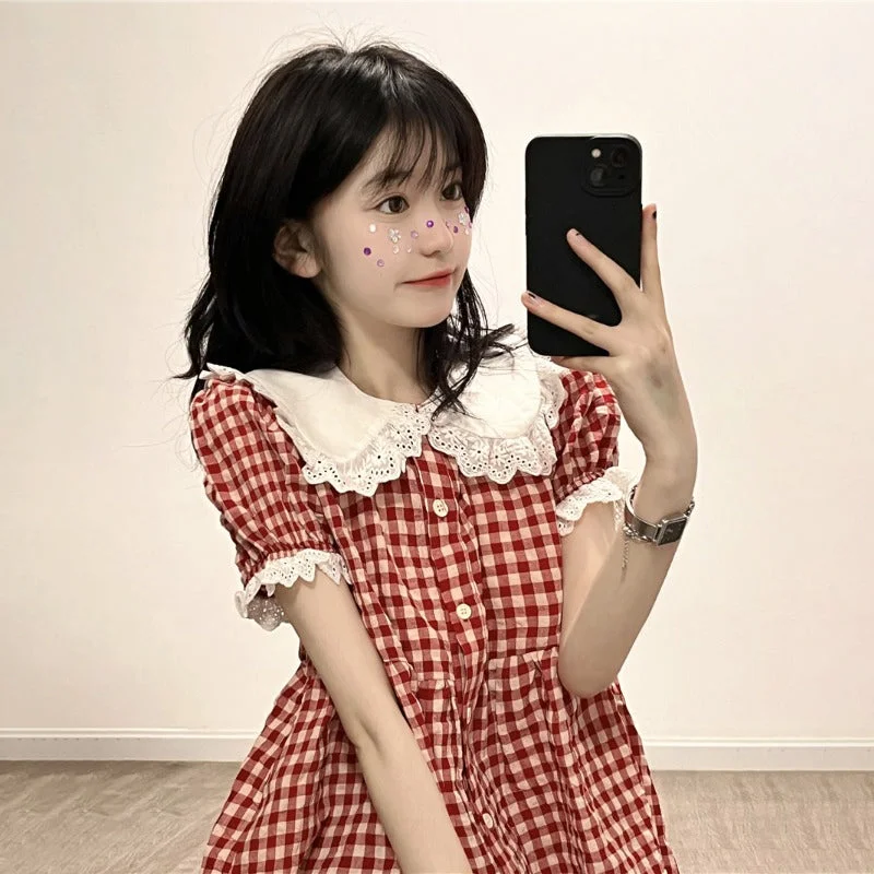 Women's Japanese Fashion Lace Collar Red Plaid Doll Shirt