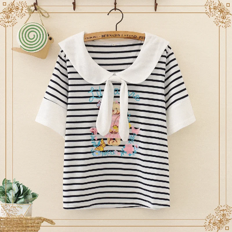 Women's Kawaii Bear Printed Sailor Collar Constrast Color Striped Tees