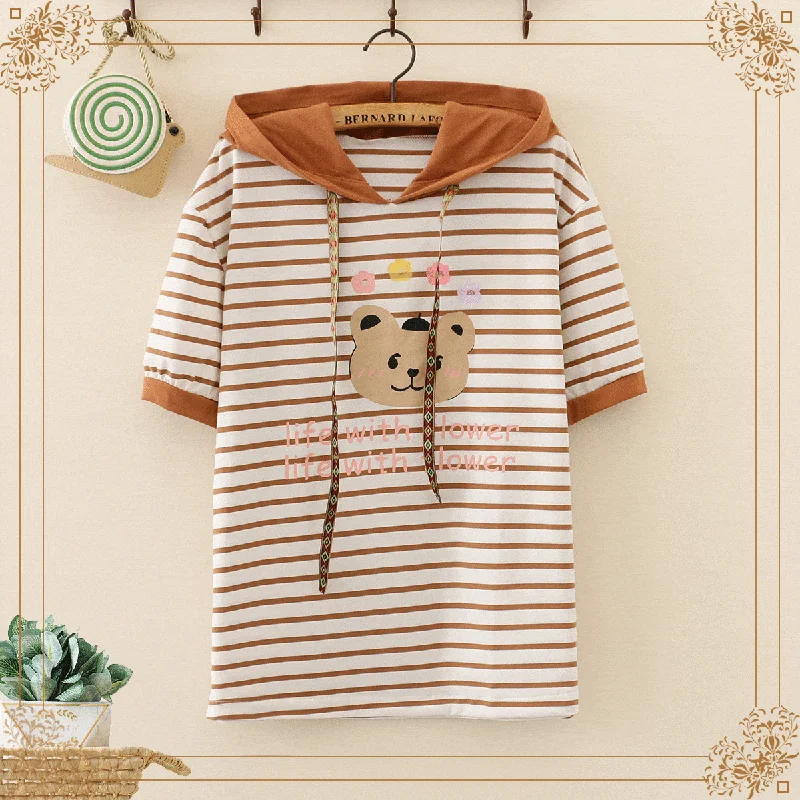 Women's Kawaii Bears Printed Striped Tees With Drawstring And Hood