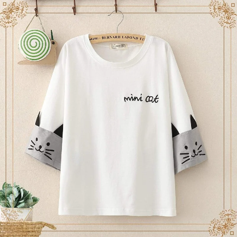 Women's Kawaii Cat Face Stitching Three-quarter Sleeved Tees