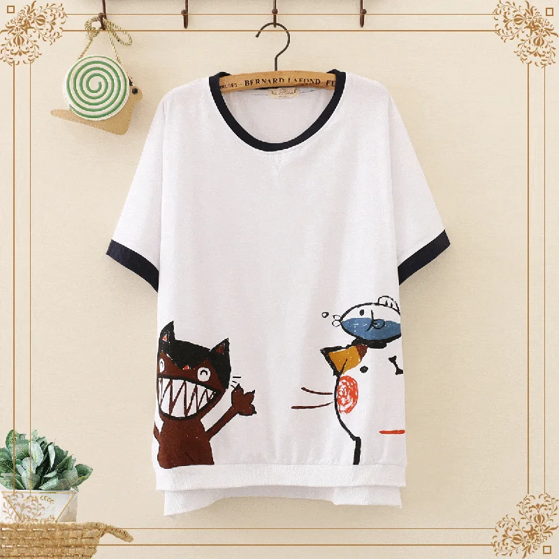 Women's Kawaii Cats Printed Contrast Color Hem Sleeved Tees