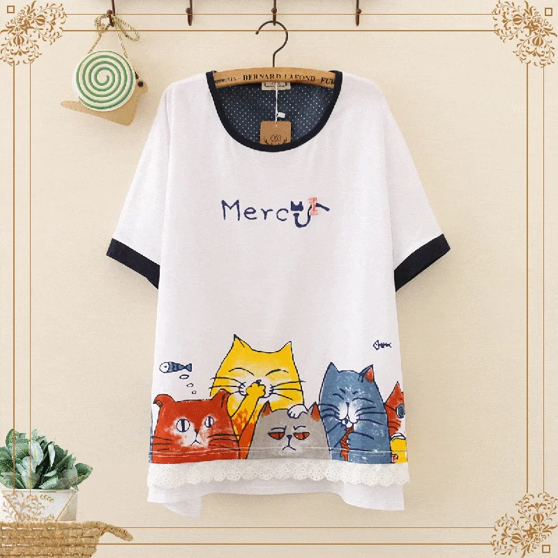 Women's Kawaii Cats Printed Mess Hem Tees