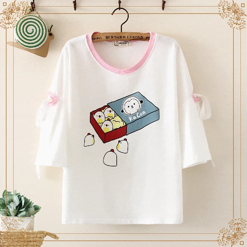 Women's Kawaii Chiken Printed Lace-up Sleeved Tees