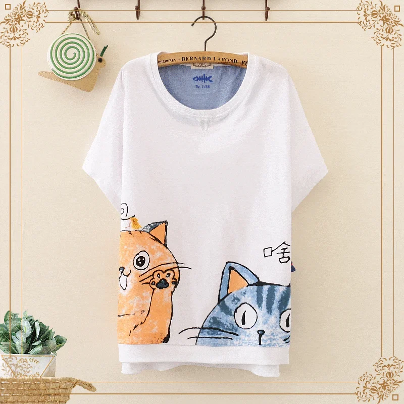 Women's Kawaii Circle Collar Cats Printed Tees