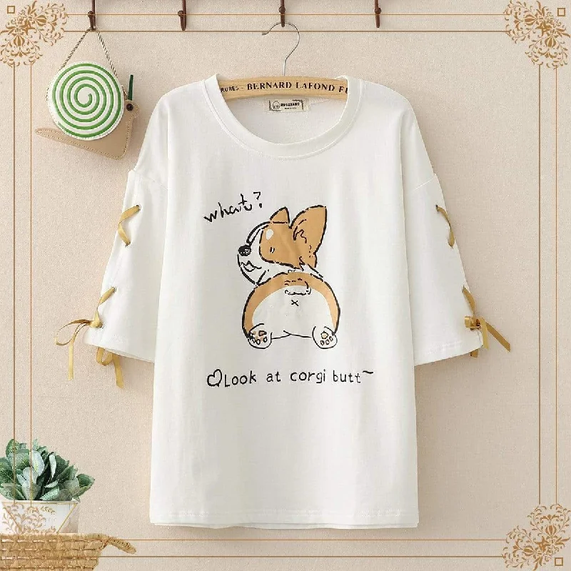 Women's Kawaii Corgi Printed Lace-up Sleeved Tees