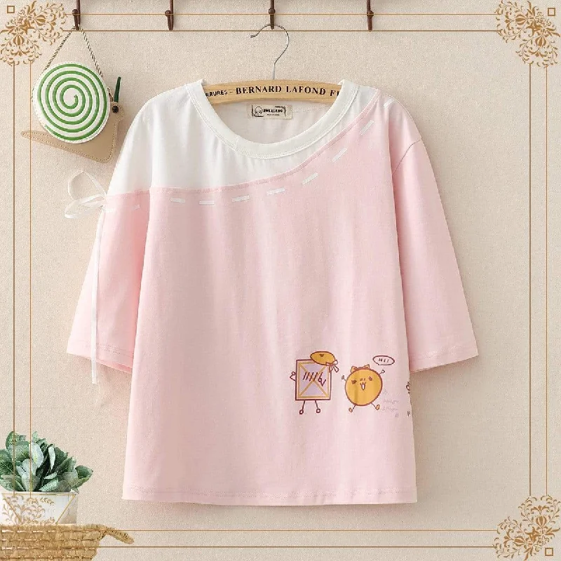 Women's Kawaii Food Printed Contrast Color Loose Tees 