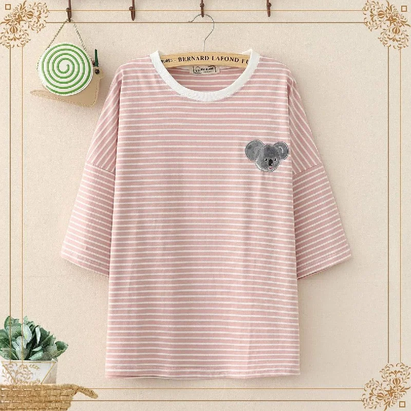 Women's Kawaii Koala Stitching Contrast Color Striped Tees