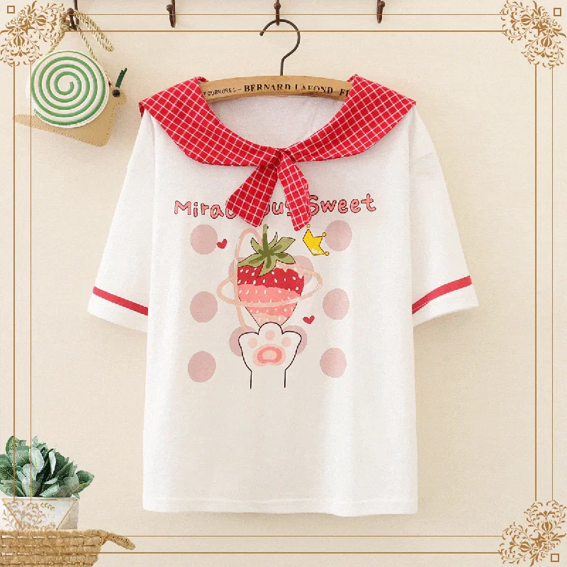 Women's Kawaii Plaid Sailor Collar Strawberry Printed Tees