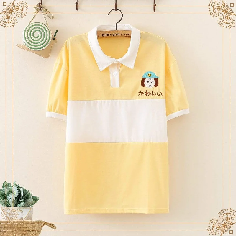 Women's Kawaii Polo Collar Girl Embroidered Contrast Color Tees