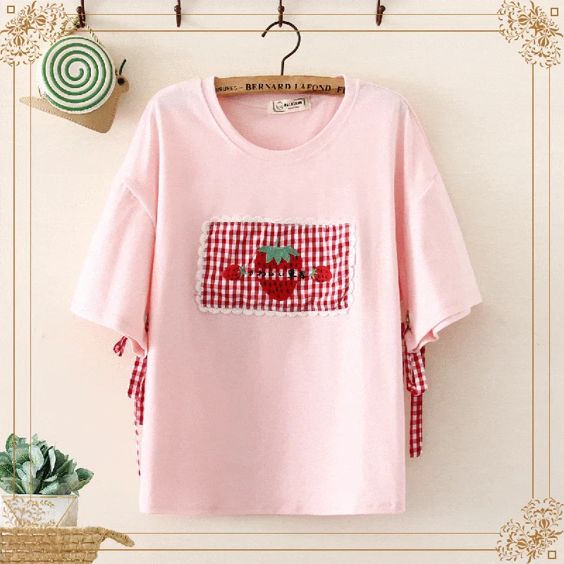 Women's Kawaii Strawberry Embroidered Lace-up Sleeved Tees