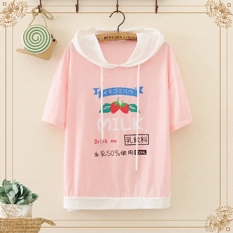 Women's Kawaii Strawberry Milk Printed Tees With Hood