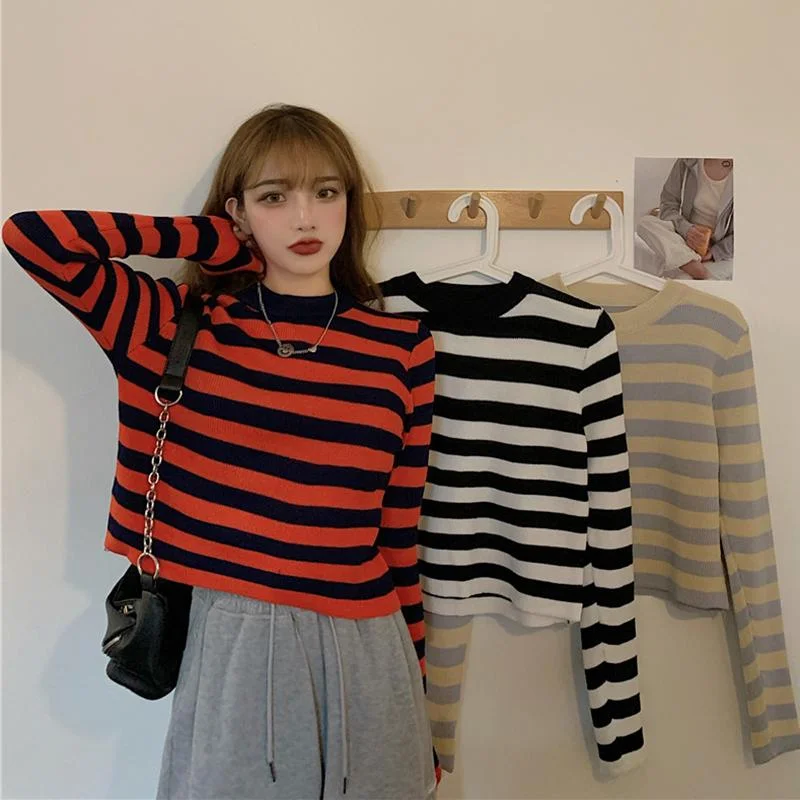 Women's Korean Fashion Contrast Color Striped Tees