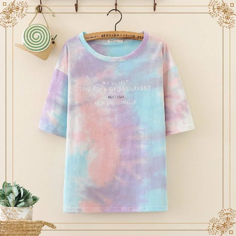 Women's Korean Fashion English Prnited Tie-dye Teed