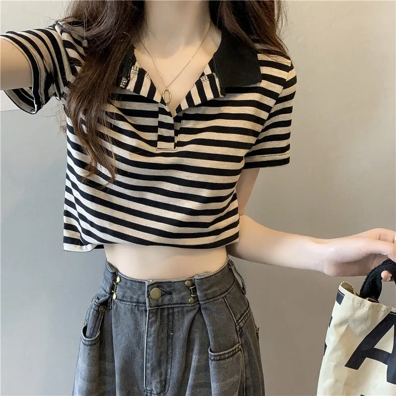 Women's Korean Fashion Pinstripes Short Polo Shirt