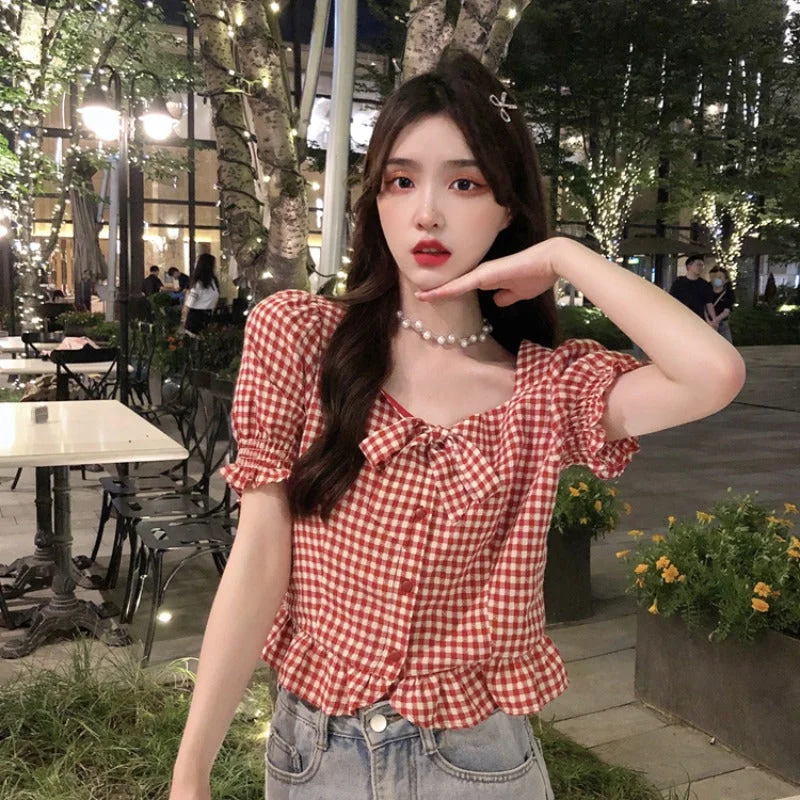 Women's Korean Fashion Square Collar Red Plaid Shirt with Bowknot