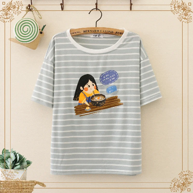 Women's Lovely Girl Printed Contrast Color Striped Tees