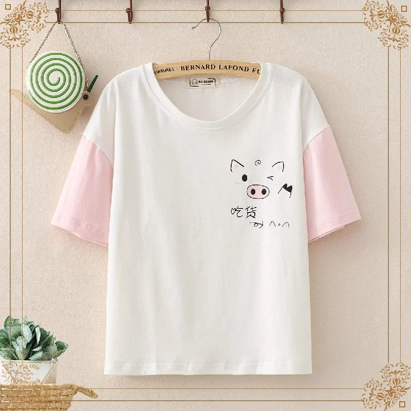 Women's Lovely Pig Printed Contrast Color Sleeved Tees