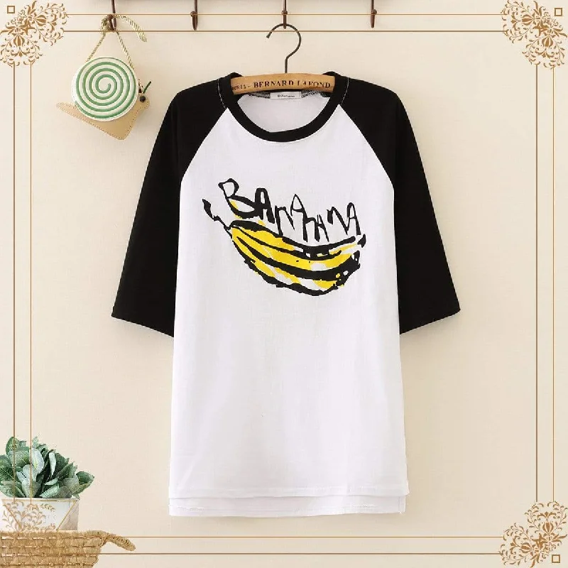 Women's Sweet Banana Printed Contrast Color Sleeved Tees