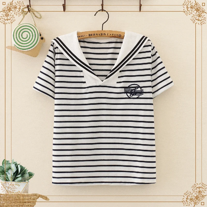 Women's Sweet Contrast Color Striped Sailor Collar Note Embroidered Tees