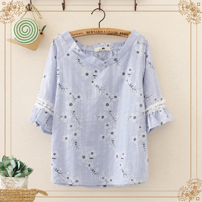 Women's Sweet V-neck Floral Embroidered Falbala Sleeved Tees